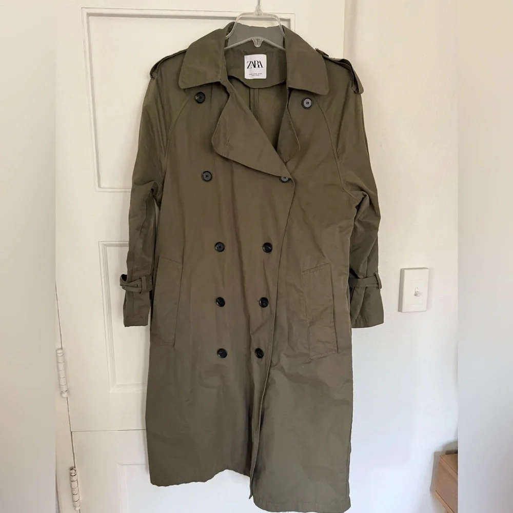 Zara Raincoat Trench Coat Olive Green Double Breasted XS